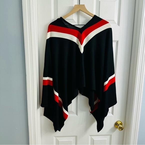 St. John Cape Poncho Sweater Wool Knit Minimalist Designer Black Striped Small - Picture 5 of 9